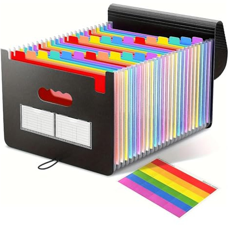 Erweitern Dateiordner, 25 Taschen Dokumentenmappe A4, Fächermappe, Regenbogen Ordner Akkordeon Aktenordner mit Etiketten, Erweitern Ordnungsmappe mit Deckel