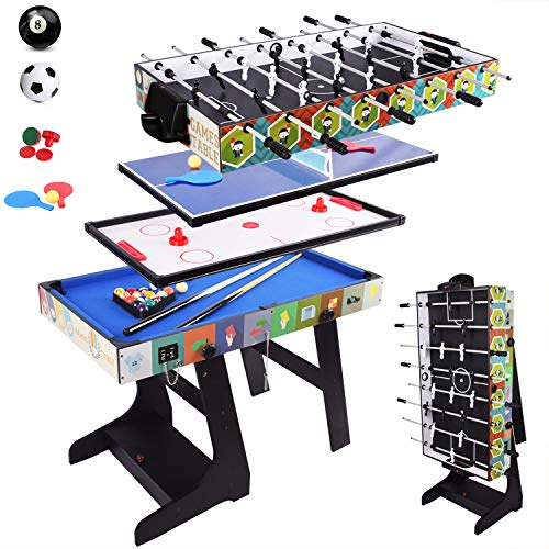 DRM 4FT 4 in 1 Zusammenklappbar Multifunktionstisch – inkl. Billardtisch, Tischtennisplatte, Tischkicker, Kickertisch, Airhockey Tisch, Ferien-/Geburtstagsgeschenke