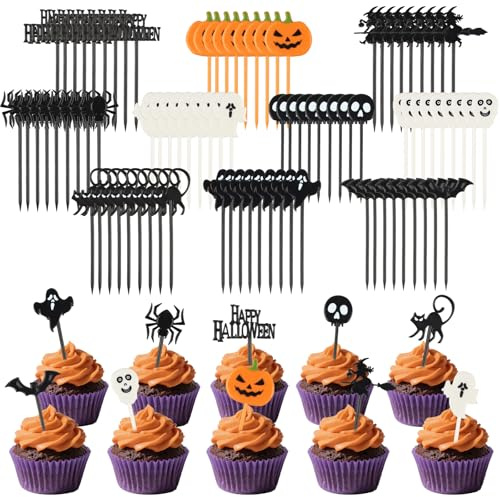 Halloween Cupcake Topper 100 Obstgabel Cocktail Picks Wednesday Deko Halloween Essen Zuckermöhren Deko Küchenutensilien Geburtstagsdeko Muffin Tortendeko Kuchen Baby party Jungen Mädchen Geburtstag