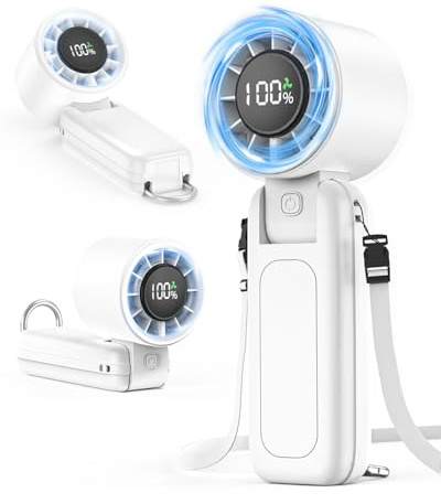 3 in 1 Handheld Portable Turbo Fan, 180° Foldable 6-Speed (1-100) Mini Fan, 5000mAh Rechargeable Battery Operated up to 15 Working Hours, LED Display Personal Cooling for Travel Indoor Outdoor (White)