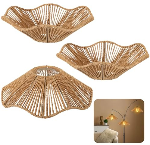 3 Pack E27 Rattan Lampshades: Handwoven Bell Shape with Scalloped Edge - Bohemian Style Shades for Pendant Lights, Table Lamps & Wall Sconces