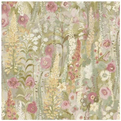Lupin Sage Green Wallpaper Multicoloured Watercolour Floral 53cm Sample | 53cm x 53cm swatch piece, ideal for a contemporary feature wall in a bedroom, dining room or living room, 53cm straight match