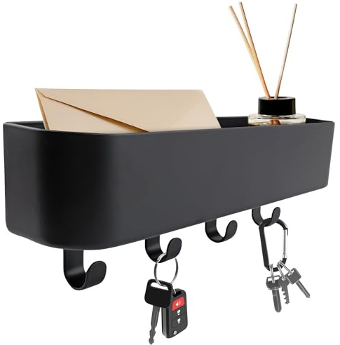 keypak Scaffale da parete con ganci per chiavi, nero moderno 4 ganci per ingresso e portalettere per corridoi, cucine e portici, mensola decorativa per chiavi