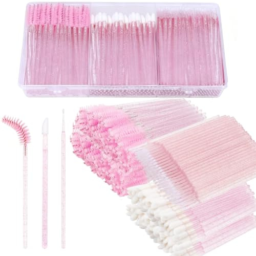 300Pcs Lash Wands Lip Brushes Set, Lip Brush For Lipstick Microbrushes Mascara Wands Crystal Pink Makeup Tool Kit with Organizer Box Suitable for Women On The Go Grooming Needs