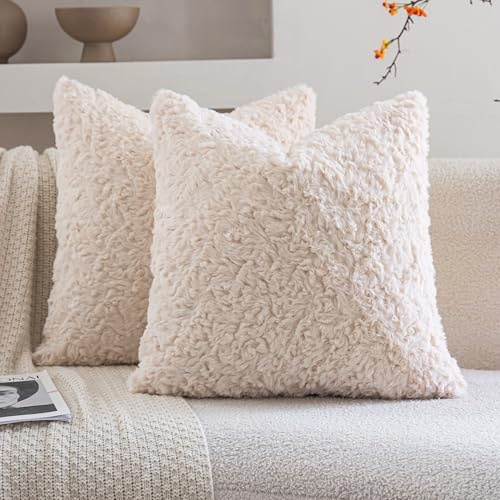 Neelvin 2er Set Kissenbezug Kunstpelz Pelz Plüsch Dekorative Kissenbezüge Sofakissen Kuschelig weich Couchkissen Dekokissen für Couch Sofa Wohnzimmer Schlafzimmer Beige 40 x40 cm