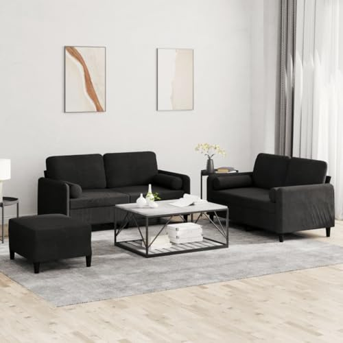 WEMYUFURN Samt Sofagarnitur 3-TLG in Grau mit Hocker – Weiches Velours Sofa Set für Wohnzimmer, Bequeme Couchgarnitur mit Stabilen Metallgestell und Praktischen Rollkissen, Plüsch