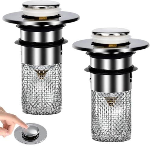 FEIGO 2 Stücke Waschbeckenstöpsel mit Sieb, 304 Edelstahl Universal Pop Up Abflusssieb, Abflussstopfen Waschbecken, Dusche schnell ablaufend, für Bad, Waschbecken und Küche (34-40mm)