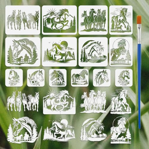 FINGERINSPIRE 14 Stück Pferdemuster Schablonen Set mit Pinsel 4 Größen Wiederverwendbare Berge Bäume Malvorlage DIY Sonne Wolken Blumen Schablone Tiermotiv Vorlage für Kleidung Deko
