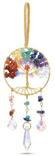 Crystal Suncatcher Tree of Life Hanging Ornament - 7 Chakra Rainbow Natural Stone Prism Pendant - Handmade Wire Wrapped Gemstone Wind Chimes for Window Home Garden Meditation Decor Gift for Women