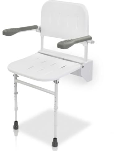 Deluxe Wall Mounted Shower Seat – Folding Shower Chair with Legs for Bathroom Safety – Adjustable Shower Seat for Elderly & Limited Mobility Users – Space Saving Bath Seat with Back Support