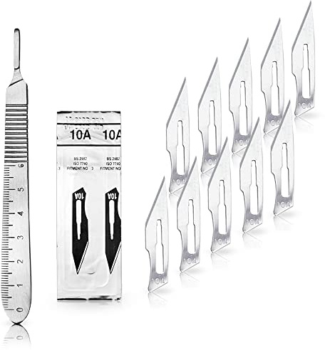 Set - 10 Stück Skalpellklingen Figur 10A aus Karbonstahl - Ersatzklingen einzeln steril verpackt + 1x May - Skalpell-Halter mit 13 cm langem Griff inkl. Maßskala in cm - Edelstahl