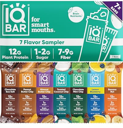 IQBAR Clean Plant Protein Bars - Bar Sampler - 7 Count - Keto, Vegan, High Fiber, Gluten and Dairy Free, Low Sugar Snack - Brain and Body Nutrients for Focus, Energy, Meal Replacement