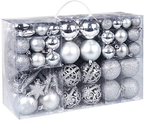 Mocraft Weihnachtskugeln 116er Set Christbaumkugeln Silber Weihnacht Ornamente, Set inkl. Baumspitze Kiefernzapfen Stern Dekoration gemalte Kugel ∅ 30/40/60mm