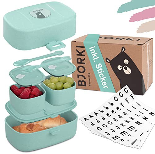 BJORKI® Bentolåda för barn inklusive bonus namnklistermärken - läckagesäker matlåda med fack - hållbar lunchlåda för barn för dagis och skola - juteboxen för resor
