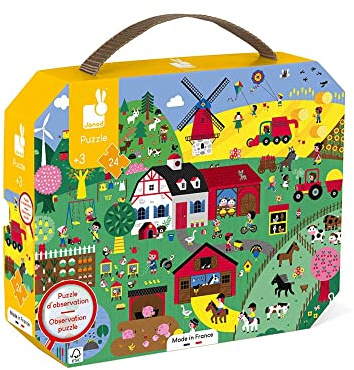 Janod - Puzzle und Suchspiel für Kinder Bauernhof, 24 Teile - Lernspiel - Feinmotorik und Konzentration - Koffer mit Griff FSC-Zertifiziert - Ab 3 Jahren, J02645