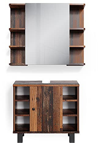 Vicco Badmöbel-Set Eiche rustikal Fynn, bestehend aus Waschbeckenunterschrank, Bad Spiegelschrank - Offene und geschlossene Fächer für Flexible Aufbewahrung