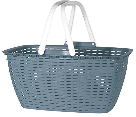 hibuy Einkaufskorb Gisi, mit Klappgriffen - Stabiler Korb aus Kunststoff mit Flechtoptik - 43 x 32 x 22 cm - Farbe Taubenblau