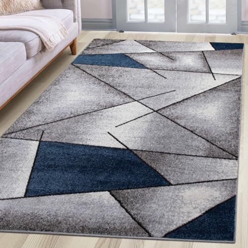 oKu-Tex Teppich Wohnzimmerteppich [160x230 cm] weicher Kurzflor grau blau - Blauer Teppich für das Wohnzimmer - Carpet Living Room - Modernes geometrisches Design - Deutsche Marke