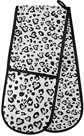 Leopard Jaguar Skin with Grey Hearts Black Spots Animal Print Double Oven Mitt Gloves Extra Long Potholder High Heat Resistant for Baking Cooking Baking Grilling Handling Hots Pans 35x7