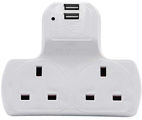Innoteck 2 Way Extension Socket with 2 USB Ports 13A UK Plug White | 13A fused extension plug with neon indicator, 1A USB charging, compact multi socket for home, office & kitchen.