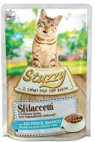Stuzzy, Cibo Umido Completo per Gatti Adulti con Pesce Bianco, in Sfilaccetti - (24 buste da 85g)