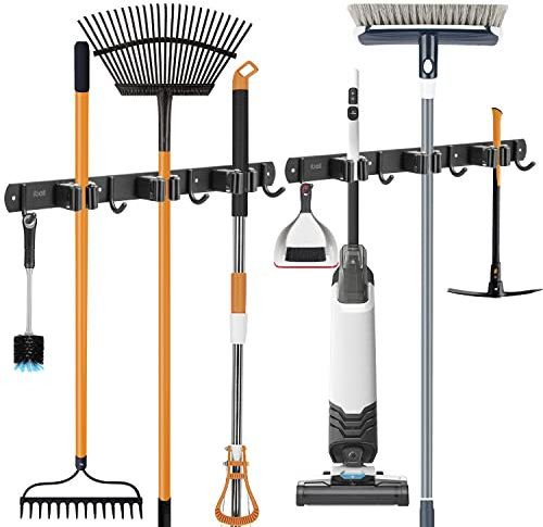 ibell 2 Pezzi Portascope e Portaspazzole da Muro, Supporto Parete per Scopa e Porta Utensili in Acciaio Inossidabile con 6 Posti e 8 Ganci, Gancio Scopa Autoadesivo per Bagno, Giardino, Garage