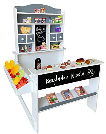 Coemo Kaufladen Nicola Kinder Kaufmannsladen aus Holz, Verkaufsstand Theke, Tafel, Seitentheke & Schublade Marktstand als tolles Geschenk, Grau