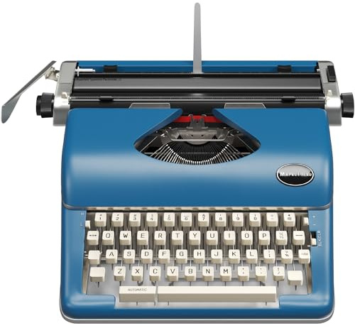 Maplefield Vintage Manual Typewriter - Tactile Typewriter Keyboard - Blue Accent for Office Desk Decor - Portable Typing Machine - Blue