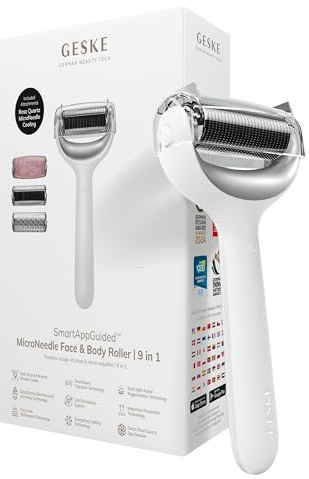 GESKE MicroNeedle Face & Body Roller | 9-in-1 Derma Roller | SmartAppGuided™ | Elektrisches Microneedling-Gerät | Nadelroller | Beauty Roller für Gesicht und Körper