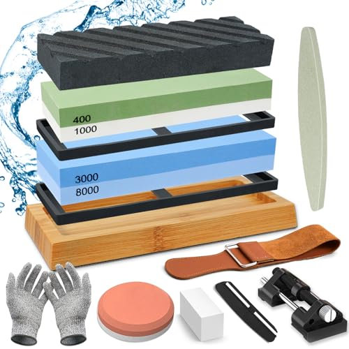 YUTUY Piedra de Afilar,Piedra Afilar Cuchillos,400/1000 y 3000/8000,Afilador Cuchillos de Doble Cara con Base antideslizante Silicona Guía ángulo piedra aplanadora correa cuero(14 Piezas)