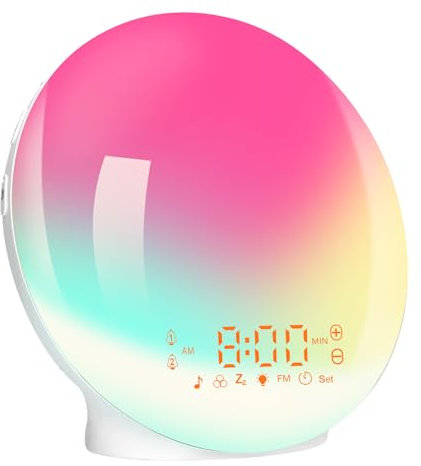 Lichtwecker, Wake Up Light Wecker Zur Simulation Von Sonnenaufgang und Sonnenuntergang, Wecker Kinder mit Doppelalarm und Schlummerfunktion, Wecker mit Licht 11 Farben, 7 Naturklänge, Fm-Radiofunktion