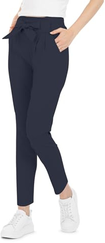 Kendindza Damen Stretch Hose Dehnbund elegant mit Schleife High Waist Stoffhose Damen elegant Business Hose Lang Schlupfhose Blau XL