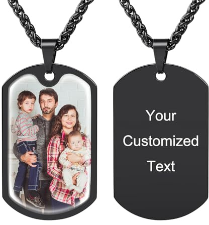 INBLUE Personalisierte Gravierte Bild Text Halskette mit Schützendes Epoxid Edelstahl Hundemarke Herz Form Anhänger mit Weizen/Rolo Kette Gedenk Schmuck Geschenk für Herren (B-Schwarz)