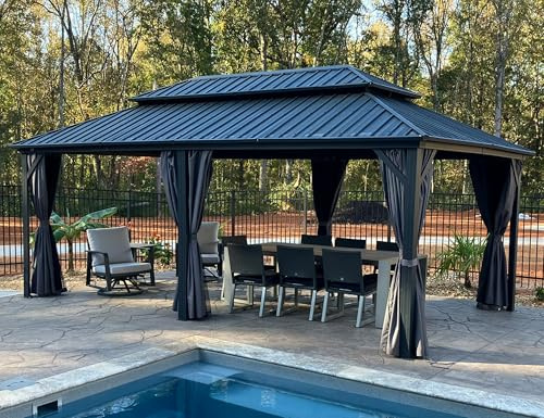 PURPLE LEAF Gartenpavillon 3.65 x 6 m Seitenteilen Alu Rahmen Basisch, Grau | Voll-Aluminiumrahmen, Doppellagiges, belüftetes Dach, Sichtschutzvorhänge, Insektensicheres Netzgewebe, Dekorative Haken