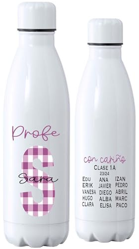 Botella personalizada con nombres de alumos, regalo profesor, botella estampado vichy (VICHY CIRUELA)