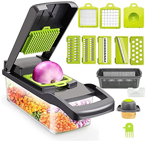 Gemüseschneider, Würfelschneider, Würfelmaschine – Gemüseschneider, Reibe, Kartoffel-Zwiebel-Knoblauch-Zerkleinerer mit Behälter, Küchenmaschine klein, tragbarer Saiten-Gemüseschneider, Käseschneider