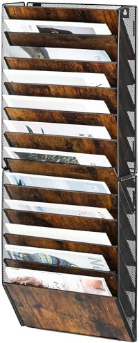 Solinxe Zeitungshalter Wand aus Holz mit 12 Fächern Metall Zeitungsständer Hängeregister Wandablagefächer A4 Papier Dokumentenablage Büro Schule Ablage Organizer, Schwarz/Antik