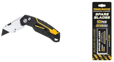 TOUGH MASTER Folding Utility Knife, Plus 4 SK2 Blades, Retractable Function & 10 Piece Utility Trim Knife, Strong SK2 Steel Spare Blades, 19x60x0.6mm