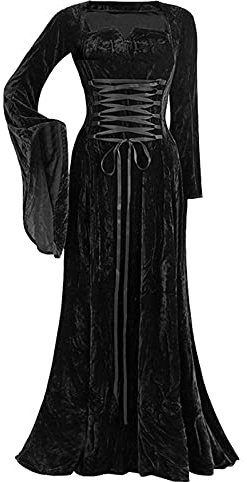 Robe longue médiévale pour femme - Élégante robe gothique - Grandes tailles - Manches longues - Robe portefeuille victorienne - Couleur unie - Robe de sorcière vintage Renaissance - Robe d'Halloween -