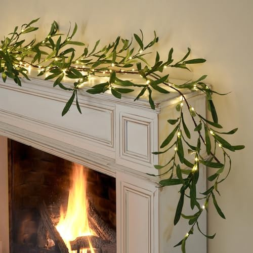 Nicedepot 6FT Olive Garland with Lights with Timer Prelit Garland Fairy Lights Christmas Garland for Spring Holiday Fireplace Mantle Decoration Indoor Outdoor