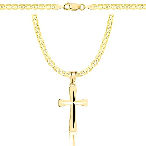 AMAR PRAGNA Gold Damen/Herren Kette mit einem 925/585 Kreuz, original geflochten, Breite 3,8 mm, Goldkette- Halskette, kreuz kette gold 585
