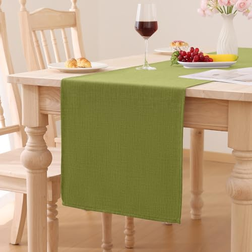 Smiry Leinenoptik Tischläufer, Grün, 40 x 140 cm | Lotuseffekt, Abwaschbar, Wasserabweisend, Modern Dekoration für Küche Party