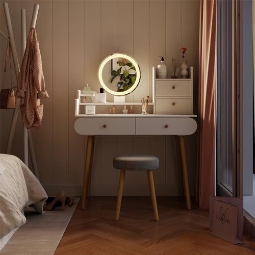 Vicco Schminktisch Edda, Weiß, 100 cm | mit LED-Spiegel und Hocker, mit rundem LED Spiegel und passendem Sitzhocker