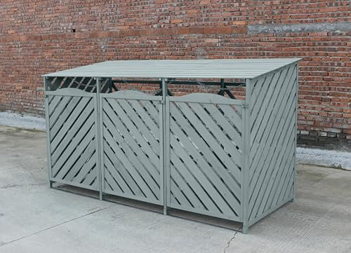 Jack Stonehouse Triple Wooden Wheelie Bin Storage | Large Outdoor Garden Store for 3 Standard 240L Bins | Lift Up Lid & Chain Raiser | 218cm x 122cm (Grey) Garbage Trash