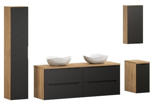Lomadox Badmöbel Set 4-teilig mit 160 cm Waschtisch in Eiche mit schwarz, grifflose 3D-Front, Keramik-Aufsatzwaschbecken
