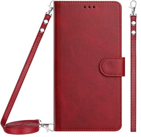 ATISIJIE Coque pour Samsung Galaxy A56 5G,avec Bandoulière et Dragonne RFID Blocage Béquille Fentes pour Cartes Fermeture Magnétique Portefeuille Flip Etui-Rouge