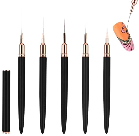 OMBRISA Pinceau Nail Art Ongles 5Pcs, Pinceaux Nail Art Liner Ultra Fin 4/8/12/20/25mm, Kit de Pinceau Nail Art Ongles, Pinceau de Détail pour Nail Art pour Lignes Longues, Détails Fins, Dessin Précis