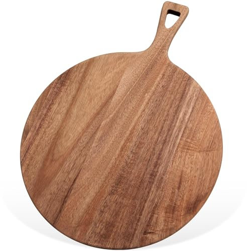 Tabla de cortar redonda de madera de acacia de 15.4 x 11.4 pulgadas con asa, tabla de cortar de madera para servir para cocina, carne, pan, queso, pizza, verduras, regalo de boda