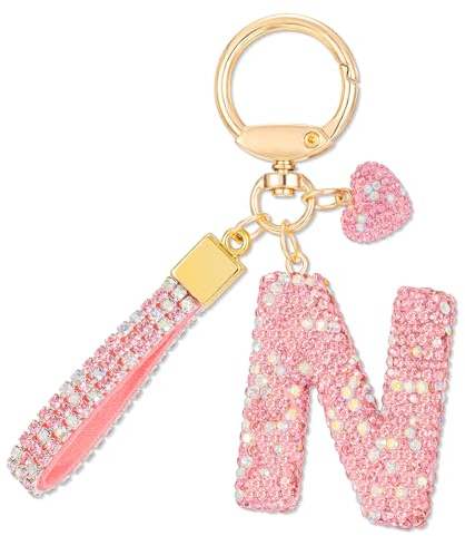 MWOOT Rosa Auto Schlüsselanhänger Geschenk Frauen Mädchen Anfangsbuchstabe Schlüsselanhänger Süß Bling Schlüsselanhänger Schlüsselringe Bling Buchstabe Anhänger Geldbörse Rucksack Handtasche Charms