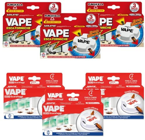 Vape Esche Insetticida Formiche + Scarafaggi – Trappole per Interno ed Esterno – Controllo Infestazioni in Casa e Spazi Aperti (3 Esca formiche + 3 Esca scarfaggi)